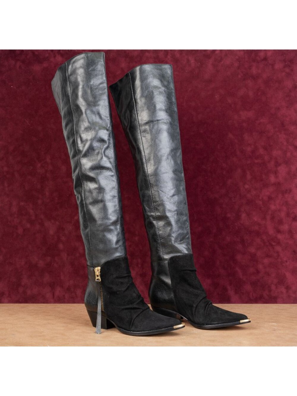 Schutz Women Tenia Western Cowboy Pointy Toe Black Leather OTK Boots size 5